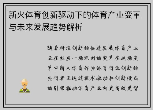 新火体育创新驱动下的体育产业变革与未来发展趋势解析
